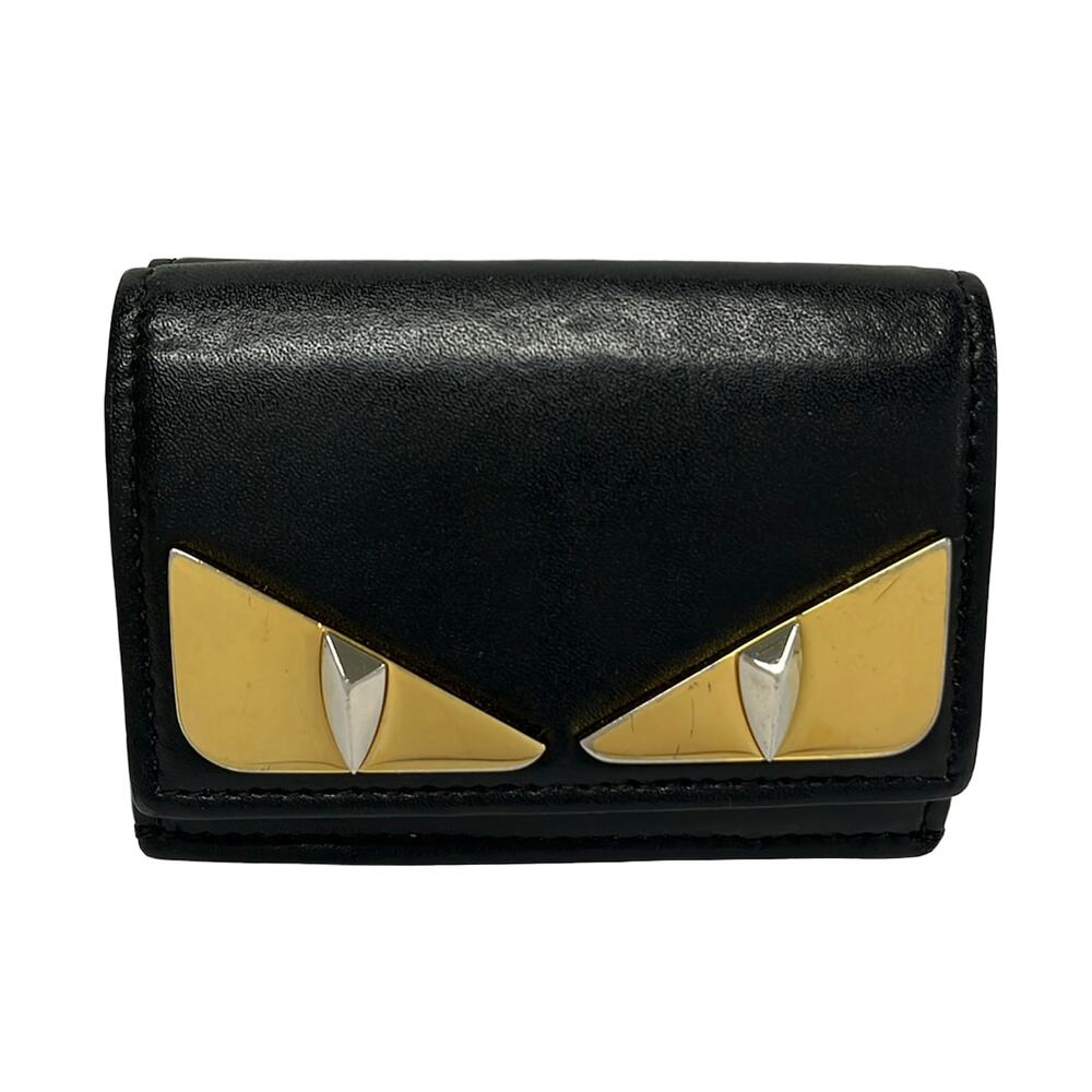 Fendi Bag Bugs Trifold Wallet 8M0395 Black Gold Silver Leather Hardware